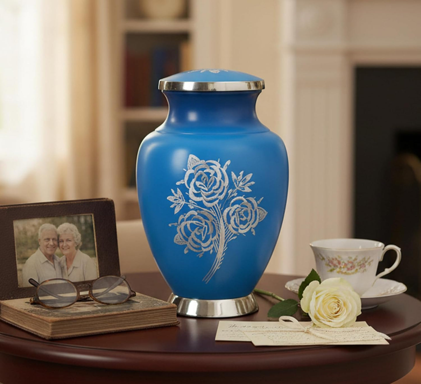 eSplanade Cremation Urn Memorial Human Ashes Container Jar Pot | Burial Funeral Urns | Blue Engraved Flowers - 10 Inches (Full Size)