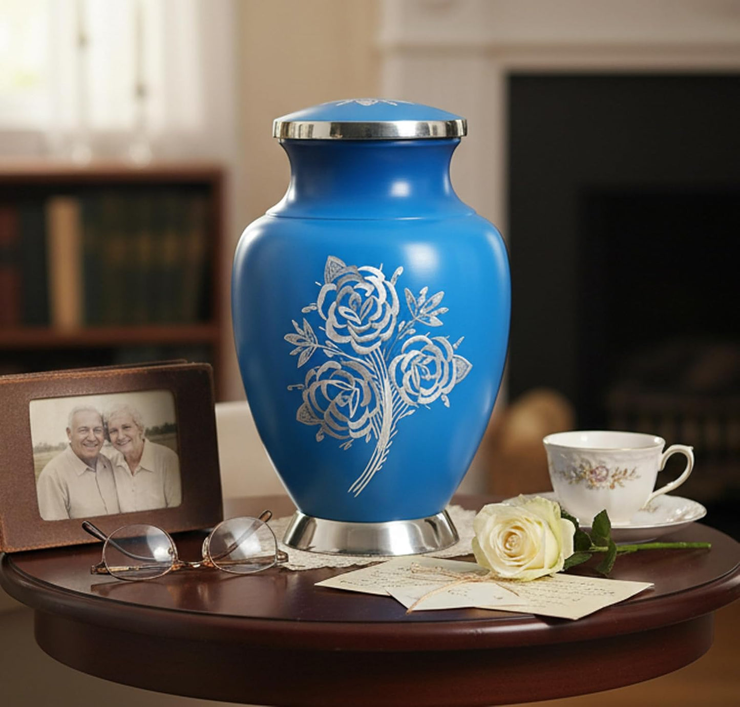 eSplanade Cremation Urn Memorial Human Ashes Container Jar Pot | Burial Funeral Urns | Blue Engraved Flowers - 10 Inches (Full Size)
