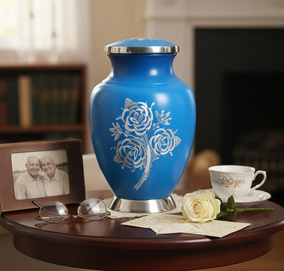 eSplanade Cremation Urn Memorial Human Ashes Container Jar Pot | Burial Funeral Urns | Blue Engraved Flowers - 10 Inches (Full Size)