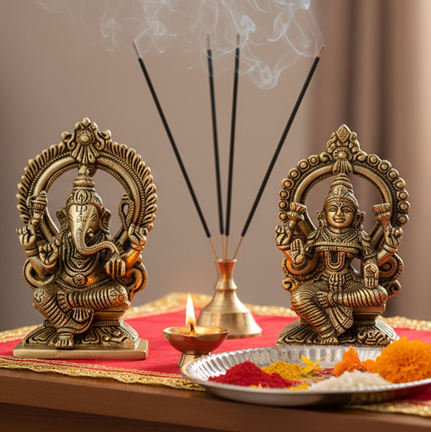 ESPLANADE Lakshmi Ganesh Murti, Laxmi Ganesha Idol Statue Sculpture - Set of 2 - Brown-Golden - Brass | for Home Mandir, Diwali Pooja, Gift for Family and Friends (5.9" Height)