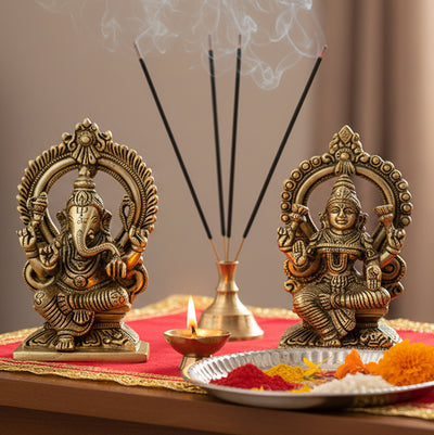ESPLANADE Lakshmi Ganesh Murti, Laxmi Ganesha Idol Statue Sculpture - Set of 2 - Brown-Golden - Brass | for Home Mandir, Diwali Pooja, Gift for Family and Friends (5.9" Height)