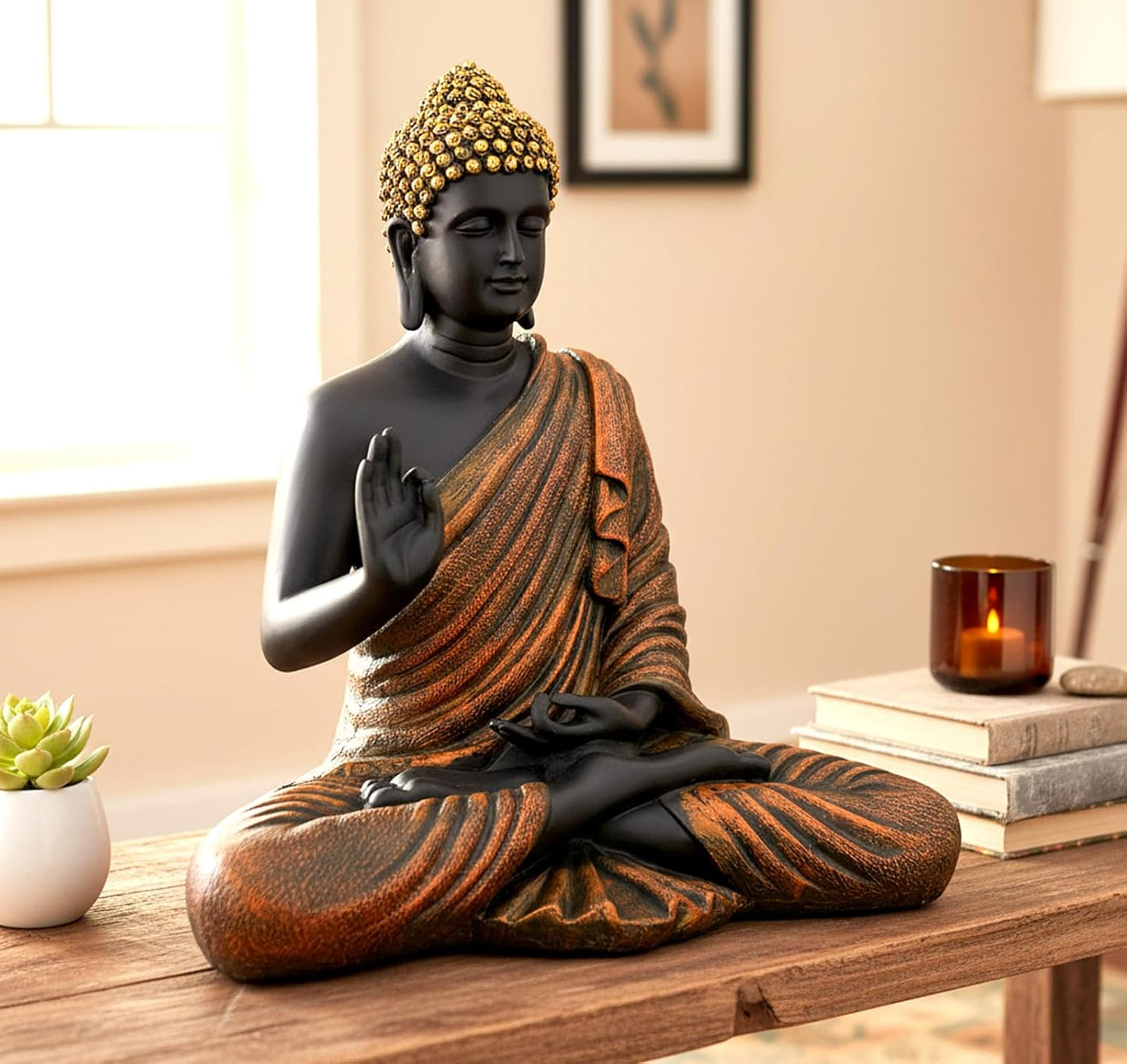 ESPLANADE Resin Meditating Buddha Showpiece | Home Decor | Idol Statue Figurine Murti | Tibetan Buddhist Statue - 14.5 Inches Height