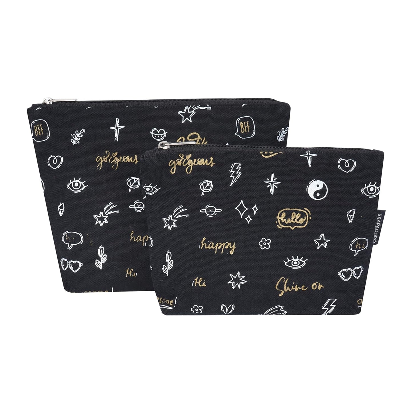 Skapadoro Travel Organiser Multipurpose Pouch Kit for Girls Women, Cotton with PetBottle Recycled Lining Set of 2 - Make-up Pouch, Toiletries Kit (Black)
