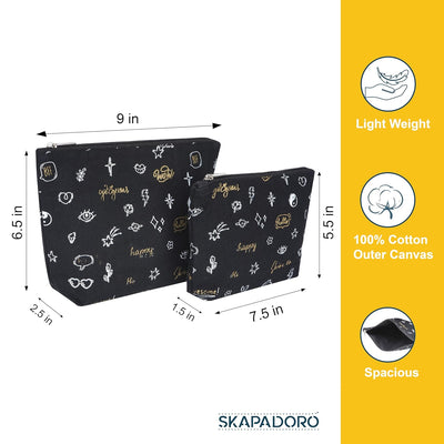 Skapadoro Travel Organiser Multipurpose Pouch Kit for Girls Women, Cotton with PetBottle Recycled Lining Set of 2 - Make-up Pouch, Toiletries Kit (Black)