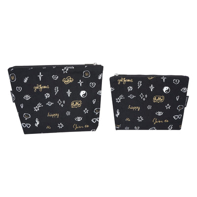 Skapadoro Travel Organiser Multipurpose Pouch Kit for Girls Women, Cotton with PetBottle Recycled Lining Set of 2 - Make-up Pouch, Toiletries Kit (Black)