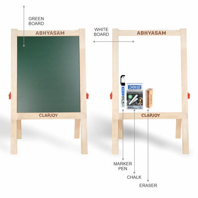Clapjoy Abhyasam Wooden Double-Sided Small Easel Board for Kids – 9x12 inch Whiteboard & Black Board with Chalks, Duster & Markers | Fun Learning & Creativity (Small)