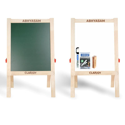 Clapjoy Abhyasam Wooden Double-Sided Small Easel Board for Kids – 9x12 inch Whiteboard & Black Board with Chalks, Duster & Markers | Fun Learning & Creativity (Small)