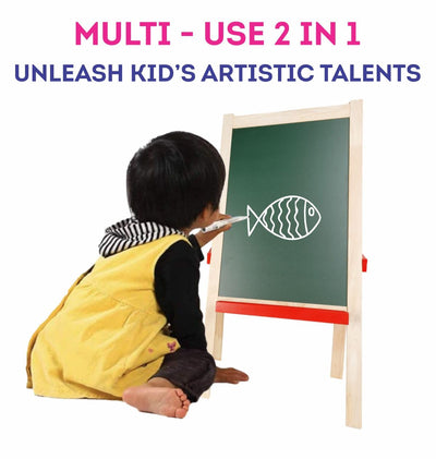 Clapjoy Abhyasam Wooden Double-Sided Small Easel Board for Kids – 9x12 inch Whiteboard & Black Board with Chalks, Duster & Markers | Fun Learning & Creativity (Small)