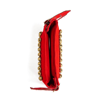 Esplanade Ghungroo Pad for Kathak, Brass 5-Line Ankle Bells, Velvet Pad with Adjustable Strap for Bharatanatyam and Classical Dance - Red