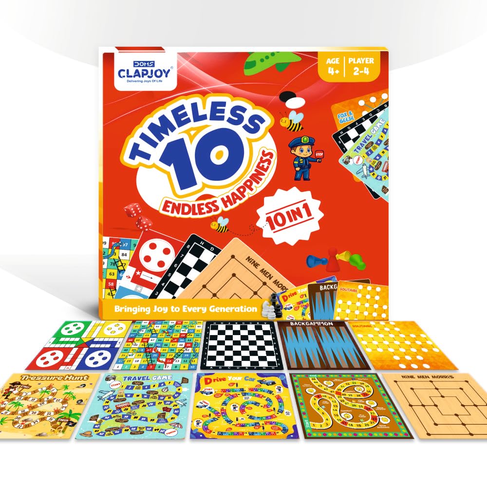 Clapjoy Timeless 10 Board Game Set | 10-in-1 Classic Indoor Games for Kids & Adults | Ludo, Snakes & Ladders, Chess, Car Drive, Travel Game & More | Fun Family & Party Game (Age 4+)