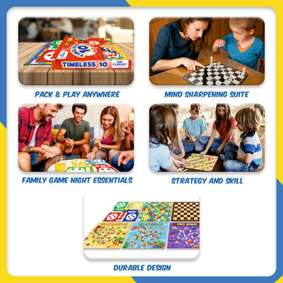 Clapjoy Timeless 10 Board Game Set | 10-in-1 Classic Indoor Games for Kids & Adults | Ludo, Snakes & Ladders, Chess, Car Drive, Travel Game & More | Fun Family & Party Game (Age 4+)