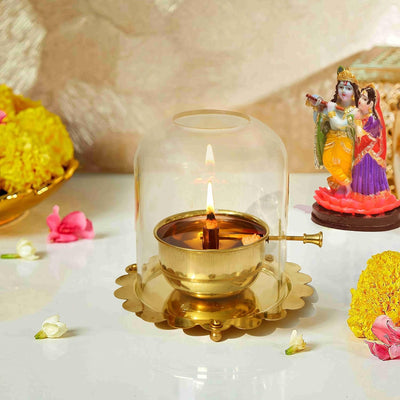 Esplanade Akhand Diya with Adjustable Bati, Diya with Cover for Puja, Akhand Diya for Puja, Deepak for Pooja, Deepam, Pooja Items, Golden 5"