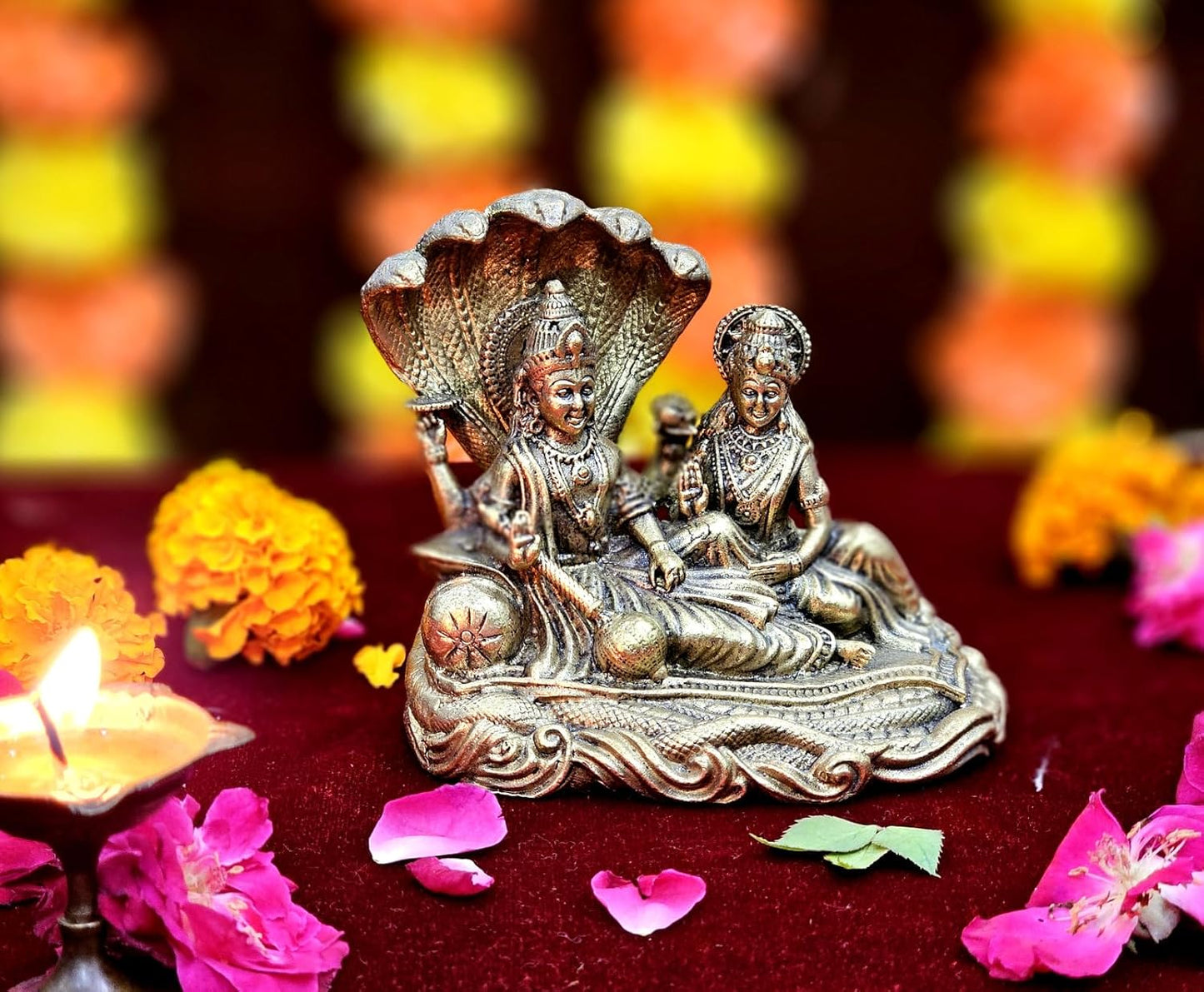 ESPLANADE Brass Vishnu Murti Resting on Sheshnag with Lakshmi Maa - 4" Padmanabhaswamy Narayan God Idol, Handmade Statue, Hindu God Idols for Pooja Room, Mandir Decoration