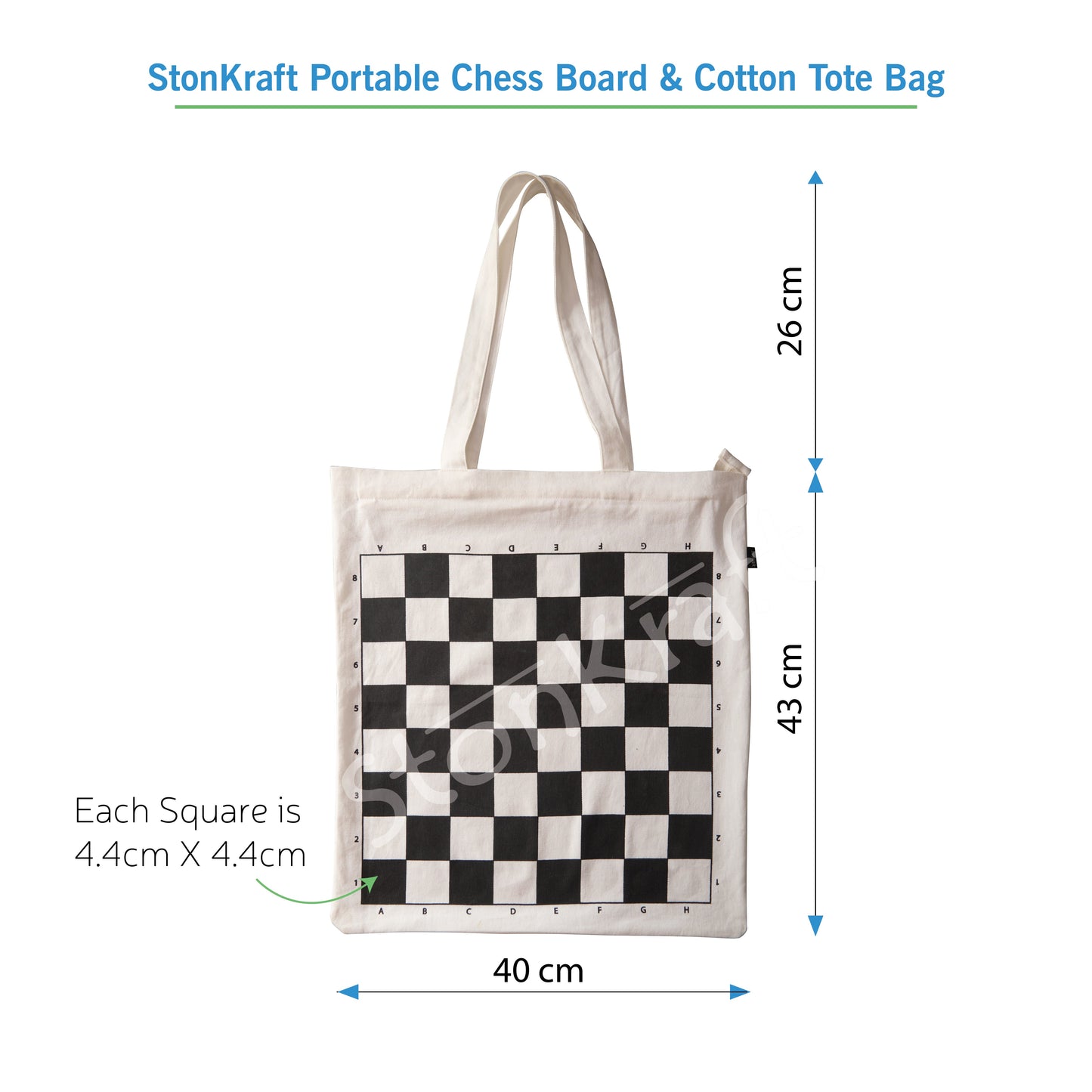 Stonkraft Roll-up Chess Board with Chess Pieces – Dual Purpose Portable Chess Mat & Cotton Tote Bag with Chess Board Print to Play Chess Anywhere | (White) (with Chess Pieces)