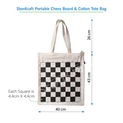 Stonkraft Roll-up Chess Board with Chess Pieces – Dual Purpose Portable Chess Mat & Cotton Tote Bag with Chess Board Print to Play Chess Anywhere | (White) (with Chess Pieces)