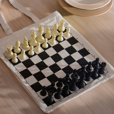 Stonkraft Roll-up Chess Board with Chess Pieces – Dual Purpose Portable Chess Mat & Cotton Tote Bag with Chess Board Print to Play Chess Anywhere | (White) (with Chess Pieces)