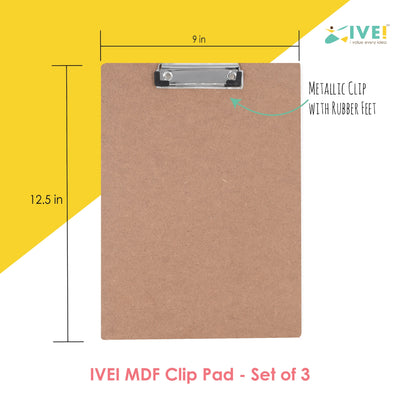 IVEI Clip Pad Writing Board | Examination Board, Drawing Pad & Note-Taking Board | MDF A4 Plain - Set of 3 | Exam Pad | School Supplies (Plain)