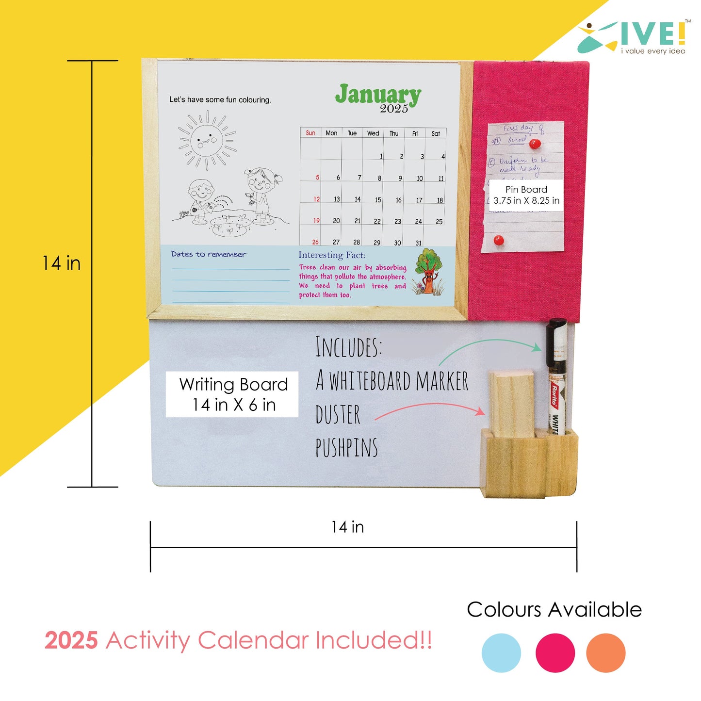 IVEI Kids Activity Calendar with Whiteboard & Pin Board - Combination Board Hanging Wall with Calendar Set with Marker & Duster Holder - Innovative Gift for Kids Room Decor, School, Home - Blue