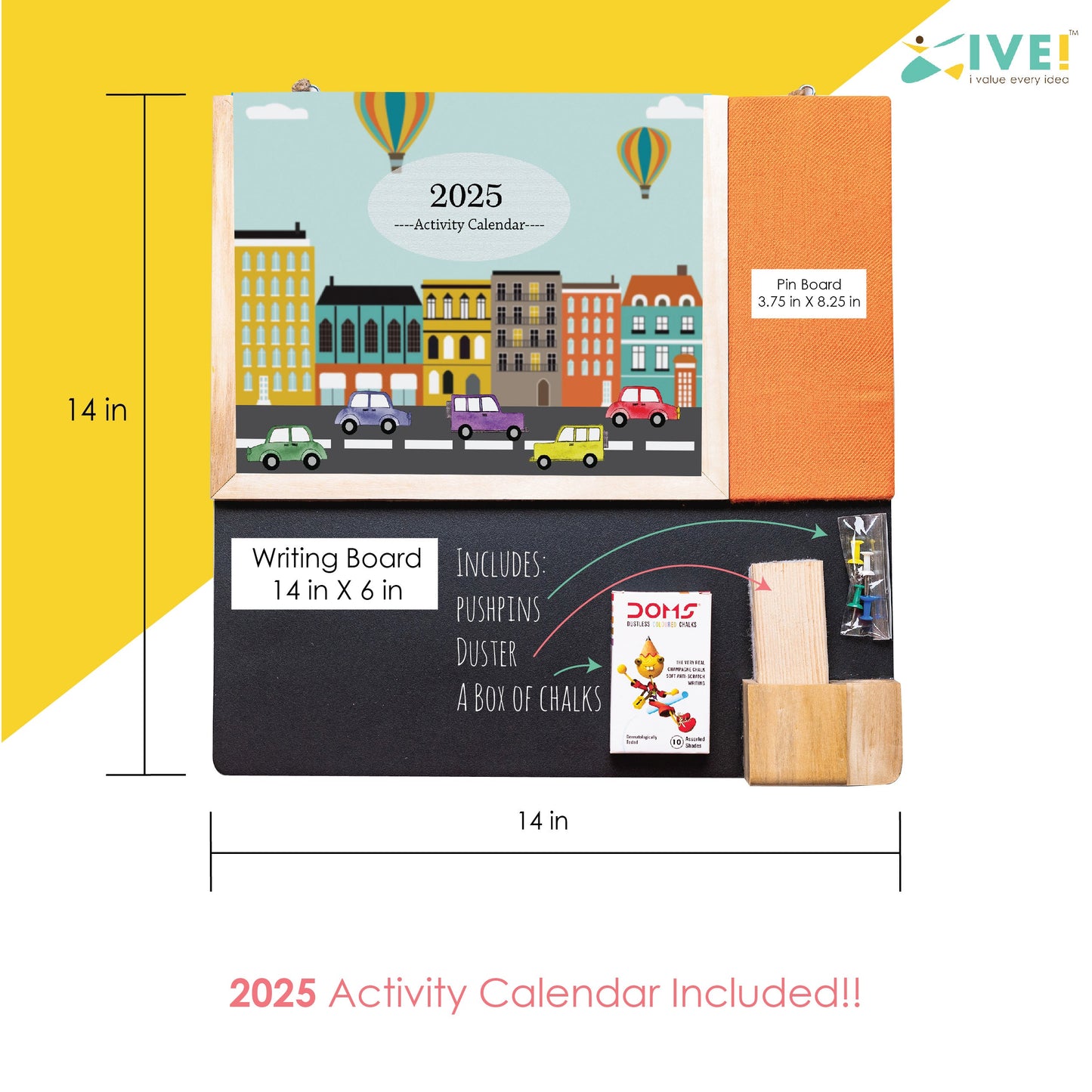 IVEI Kids Activity Calendar with Blackboard & Pin Board -Orange- Combination Board Hanging Wall with Calendar Set with Marker & Duster Holder - Innovative Gift for Kids Room Decor, School, Home