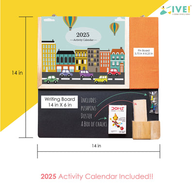 IVEI Kids Activity Calendar with Blackboard & Pin Board -Orange- Combination Board Hanging Wall with Calendar Set with Marker & Duster Holder - Innovative Gift for Kids Room Decor, School, Home