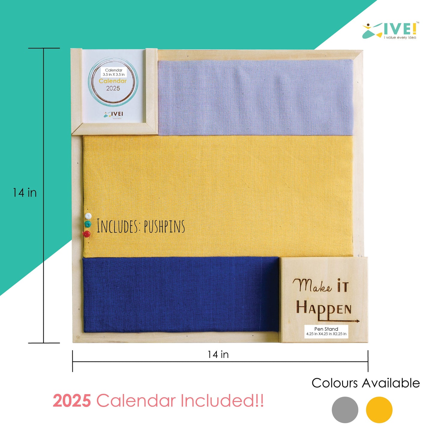 IVEI 2 Coloured Pin Board with Calendar and Pen Stand Engraved with Inspiring Words, Pin Board in 2 Colours to Organize Your Lists | Ideal for Home and Office