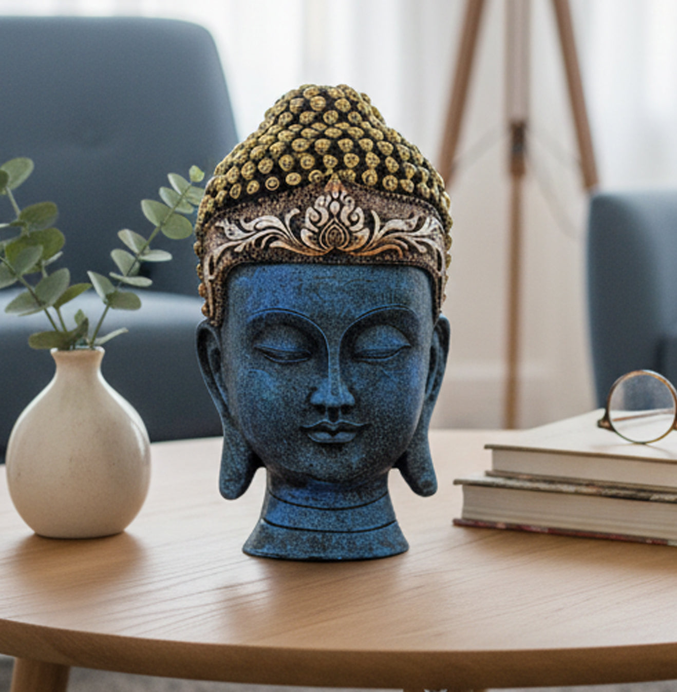 eSplanade Buddha Head Statue for Home Decor | Resin Buddha Face Showpiece for Living Room, Meditation, Office Table Desk, Shelf | Tibetan Buddhist Idol | Zen or Yoga Figurine Gifts | Golden, 9 Inch