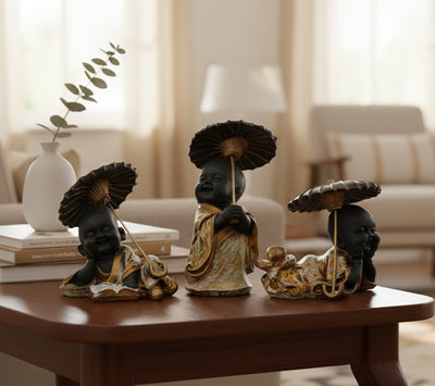 eSplanade Happy Buddha Monk Statues with Umbrella | Feng Shui Monk Figurine Showpiece - Set of 3 - Home Decor | Resin - Multi - 6.75" Inches