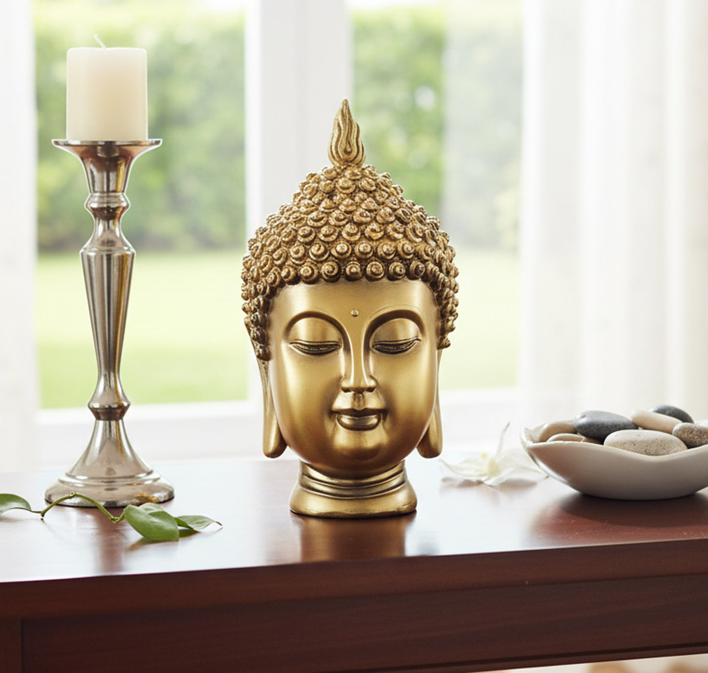 eSplanade Buddha Head Statue for Home Decor | Resin Buddha Face Showpiece for Living Room, Meditation, Office Table Desk, Shelf | Tibetan Buddhist Idol | Zen or Yoga Figurine Gifts | Golden, 9 Inch